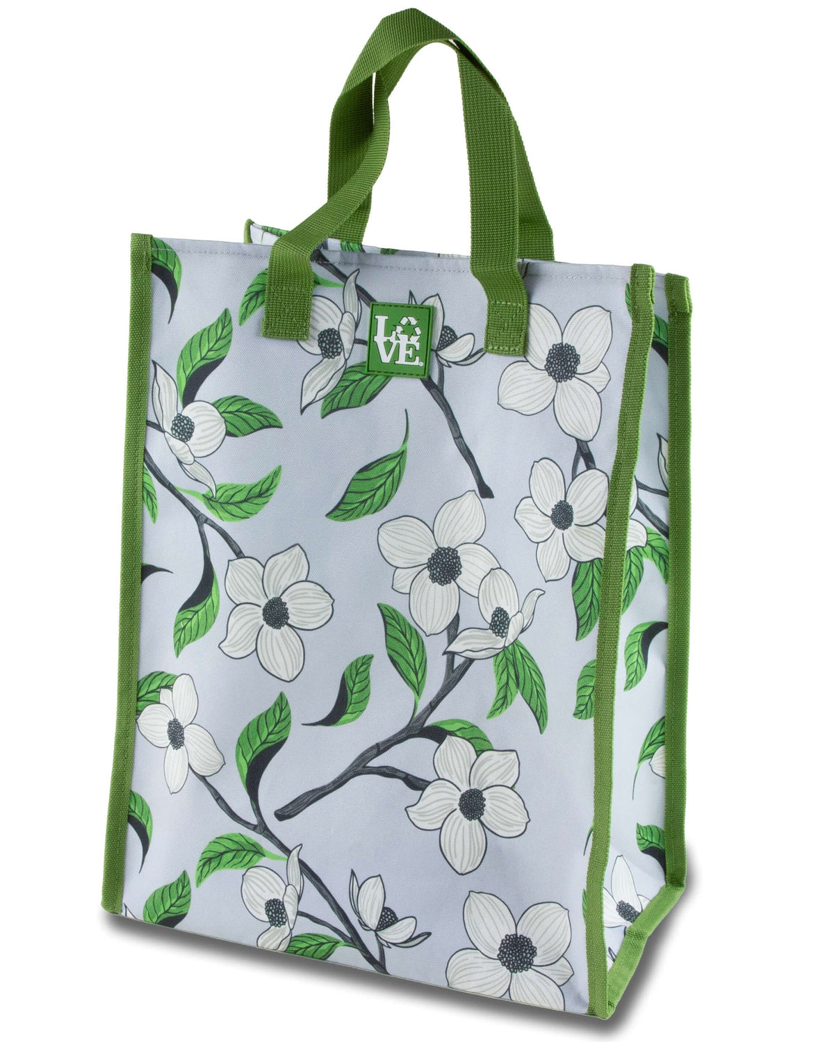 Reusable shopping bag with floral design and green handles on a white background
